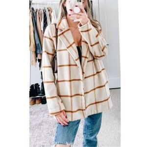 NWT Joie Neutral Plaid Open Pea Coat Jacket Tan Brown